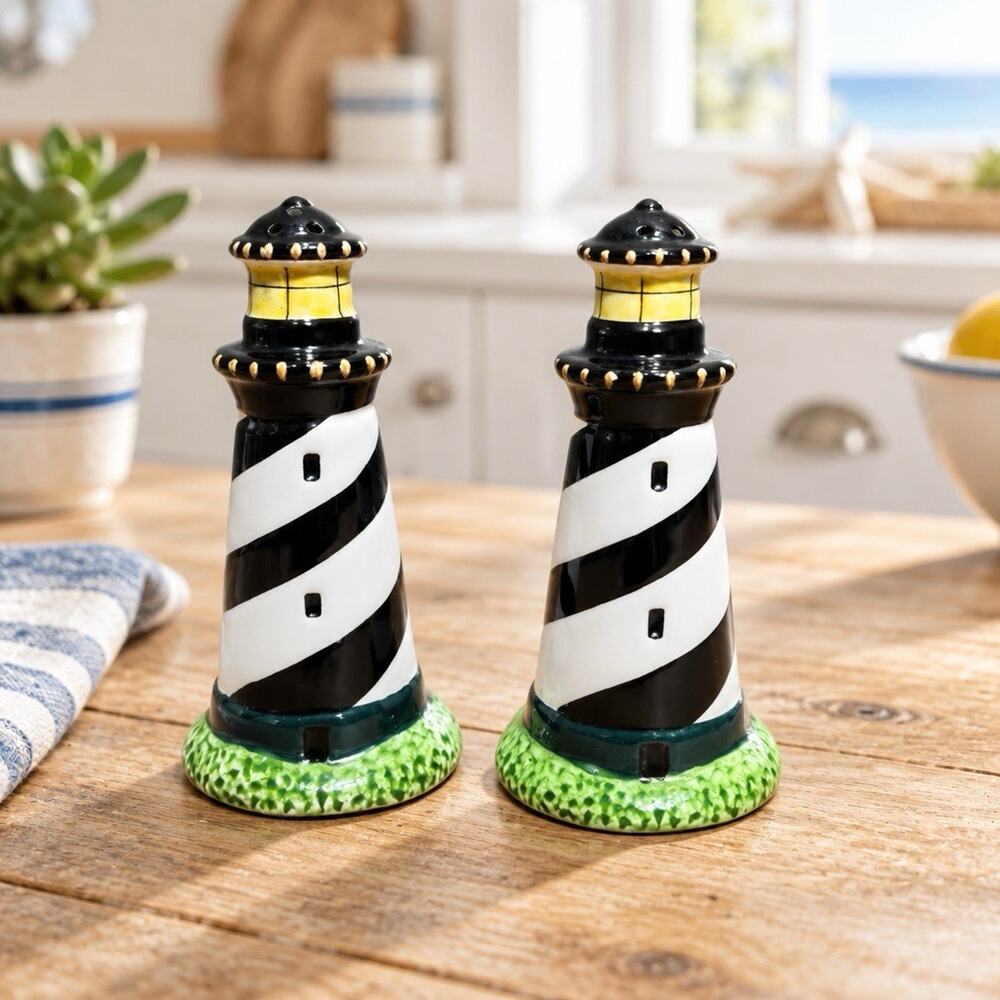 Sakura Porcelain Salt & Pepper Shakers Set, Lighthouse Shape Black & White 5in